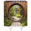 Japanese Shower Curtain Wooden Wall Gate Garden Outside Courtyard Green Plant Rustic Doorway Circle Park Natural Scenery Bathroom Decor Fabric