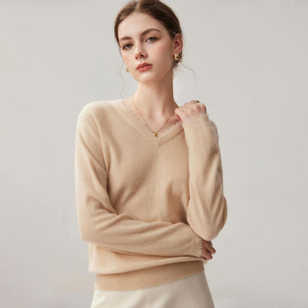 Autumn Winter Women's V-neck Sequined Tassel Pullover Cashmere Sweater