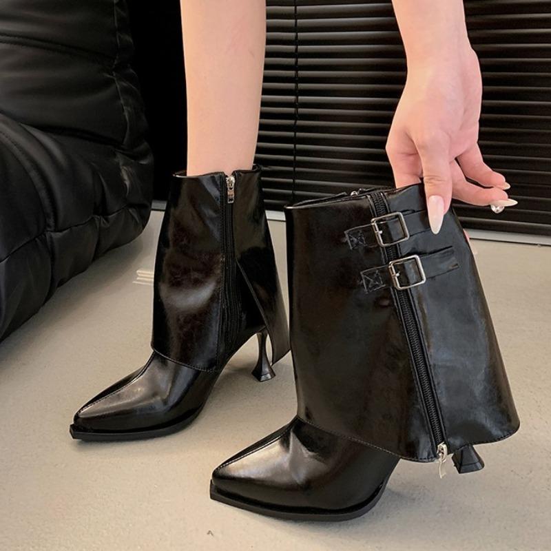Autumn New Pointed Toe Sleeve Anti-Slip Wear-Resistant Mid-Tube Boots Belt Buckle Side Zipper Stiletto