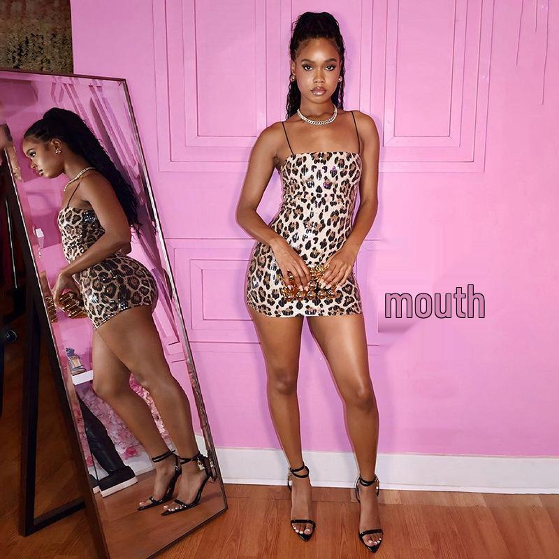 European & American Style Leopard Print Sequin Dress - Hot Girl, Hip Wrap, Sling Design.