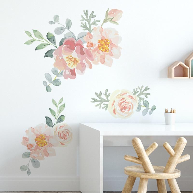 Watercolor Flowers Wall Stickers Room Decoration Peony Rose Wall Decals Baby Nursery Living Room Bedroom PVC Removable Wallpaper