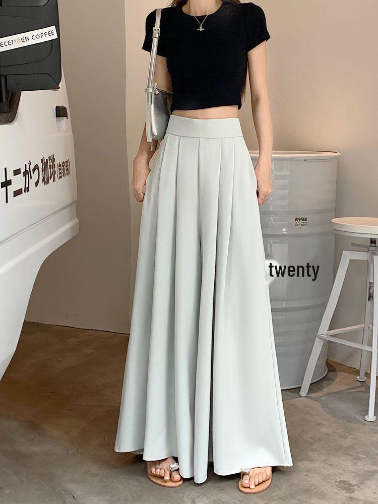 Plus Size High Waist Wide Leg Pleated Skirt-Pants for Women - Summer Loose Fit, Floor Length, Slimming, Casual Drape