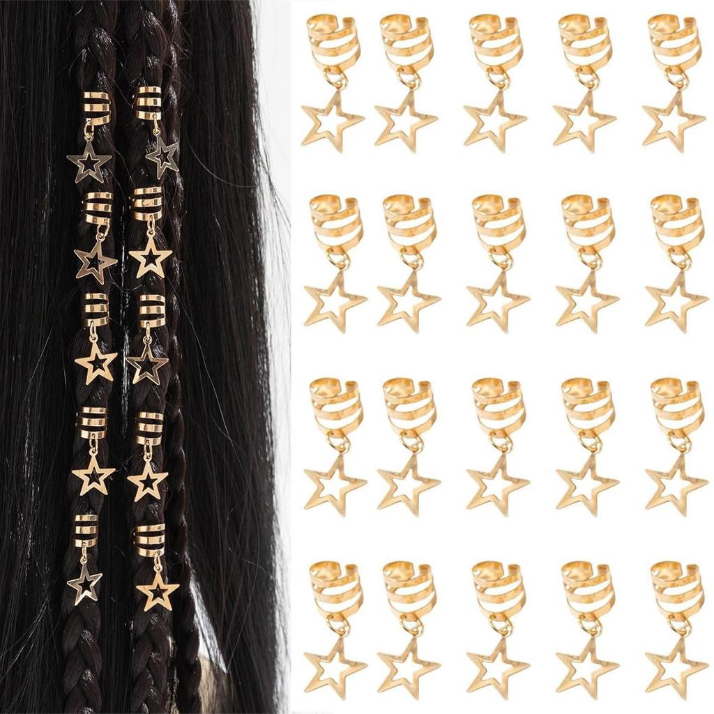 Gold & Silver Plated Dreadlock Hair Extension Rings - 20pcs Star Design DIY Accessory Set