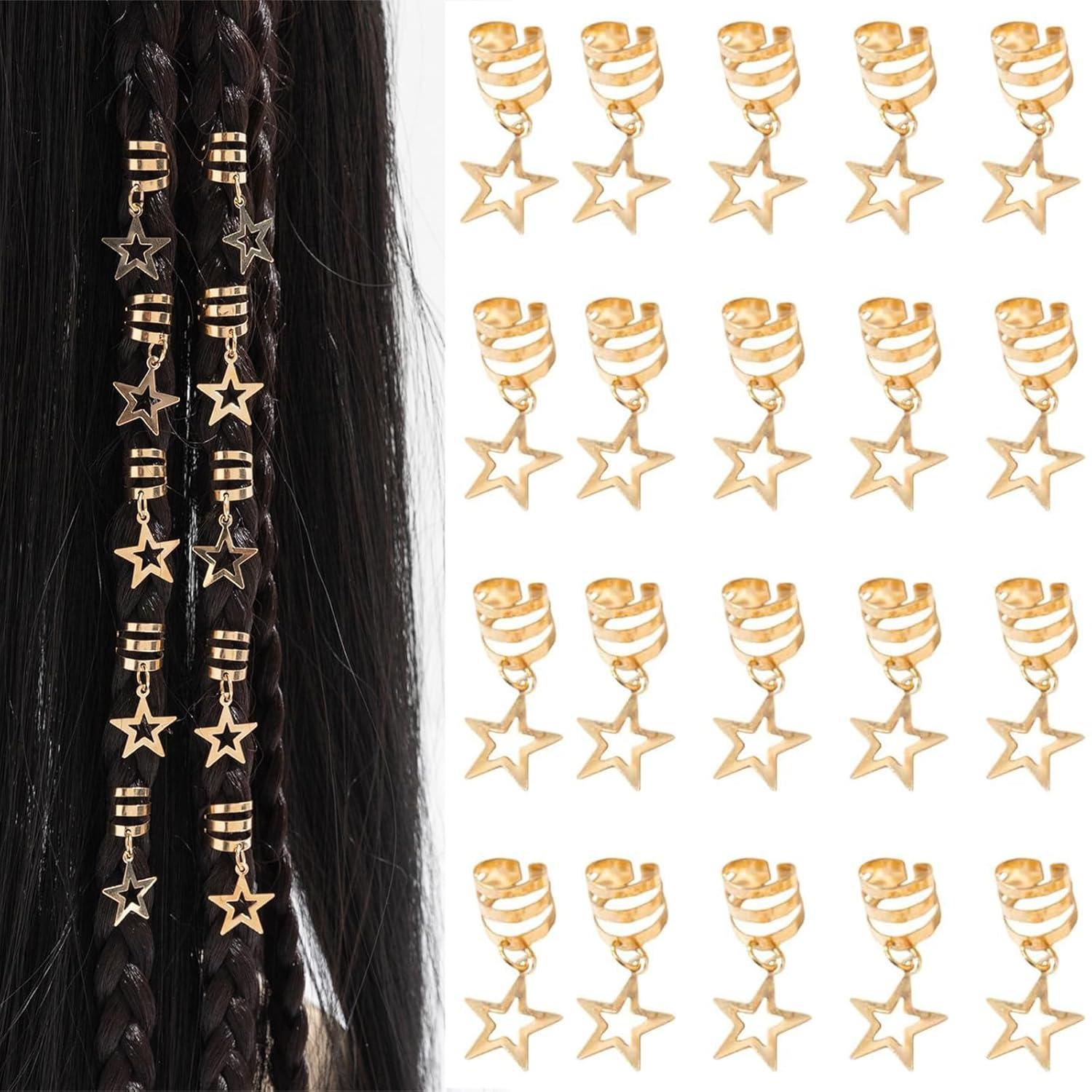 Gold & Silver Plated Dreadlock Hair Extension Rings - 20pcs Star Design DIY Accessory Set White K