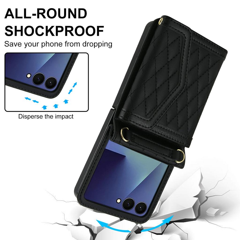 For Samsung Galaxy Z Flip7 5G Case Card Holders RFID Blocking PU Leather Phone Back Cover with Shoulder Strap