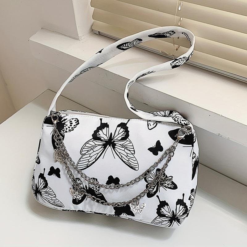 Borsa a tracolla con cerniera alla moda, mini borsa a tracolla con motivo a farfalla, piccola borsa elegante con decorazione a catena
