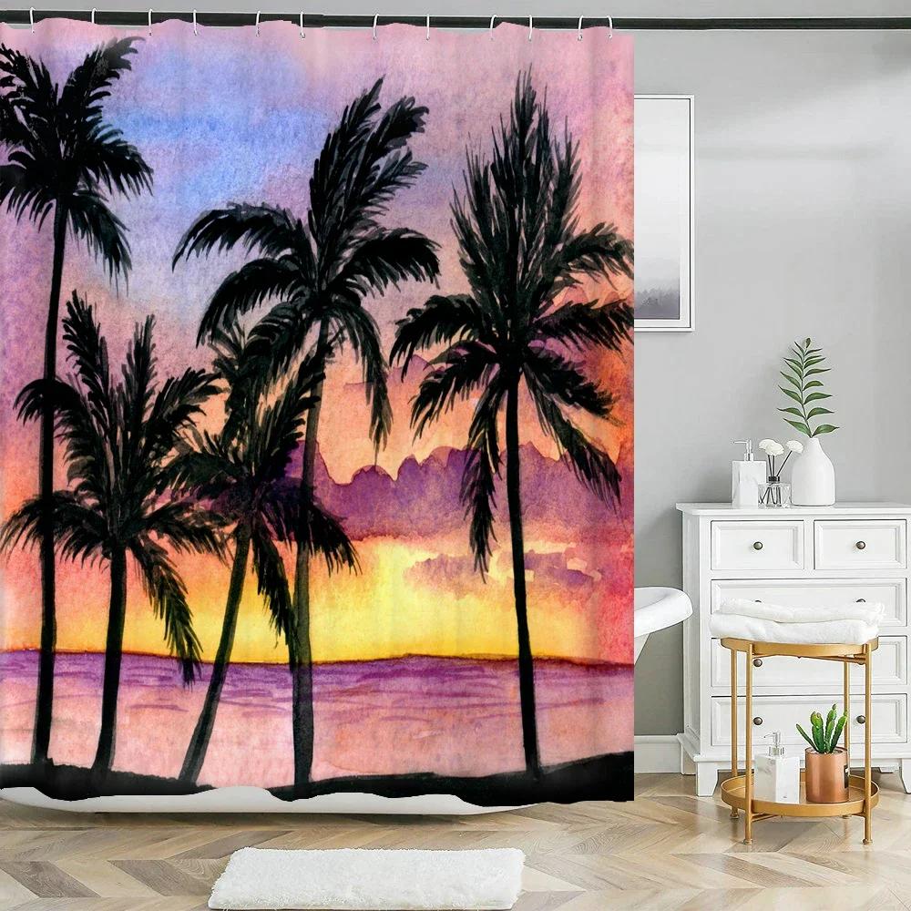 Summer Seaside Coconut Tree Waterproof Fabric Shower Curtain Bathroom Decoration Curtain Home Hawaiian style Shower Curtain