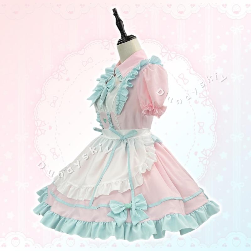 BFF Matching Outfit Anime Lolita Blue/Pink Maid Dress Cafe Style Sweet Lolita Kawaii Maid Cosplay Costume Girl Woman Apron Dress
