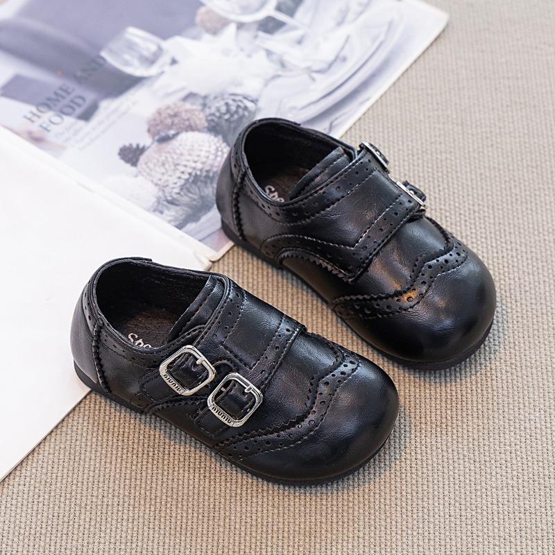 Kids Black Brogue Double Buckle Leather Casual Shoes 22 чёрный