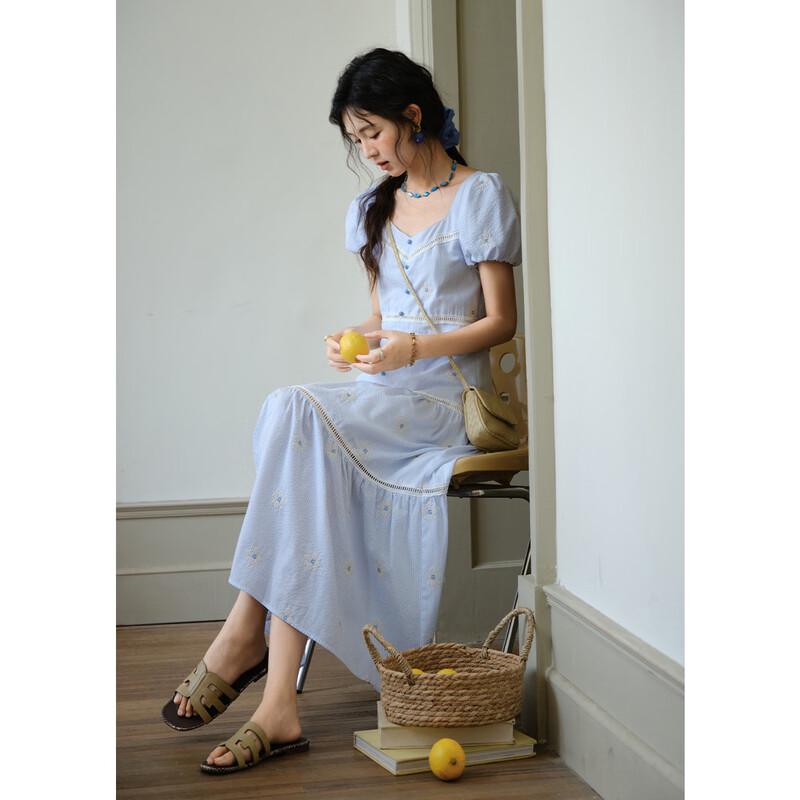 French Sweet Embroidered Puff Sleeve A-Line Dress