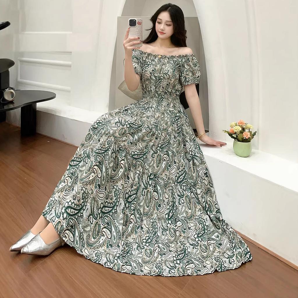2024 Women's Beach Dress Short Sleeve Floral Dress Cotton Travel Vacation Bohemian Skirt Summer Halter