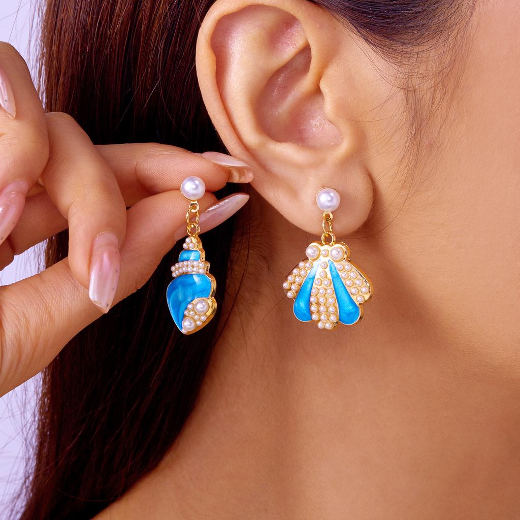 Cute Enamel Metal Shell Starfish Drop Earrings for Women Asymmetrical Imitation Pearl Conch Shell Earrings Girls Daily Jewelry