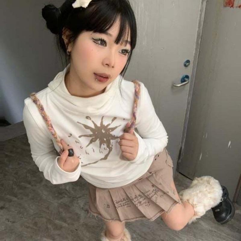 2KWEIRD Japanese Y2k Hooded T-shirt Grunge Aesthetics Green Long Sleeve Tee Shirt Vintage Harajuku Hooded Tops 2000s Streetwear