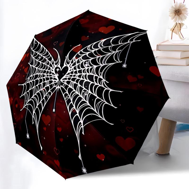 1pc Spider Web Hearts Automatic Folding Umbrella - Compact 8-Rib Design, Durable Plastic & Iron, Lightweight for Outdoor Daily Use305