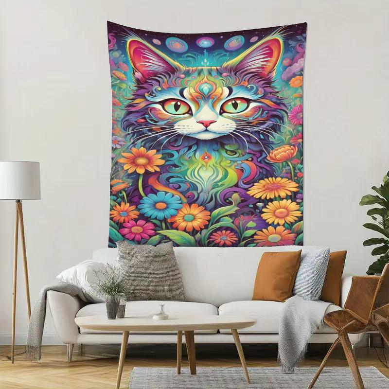 Colorful Magic Cat Blooming Flowers Digital Printing Polyester Wall Tapestry Suitable for Use In Living Rooms Offices Bars Party