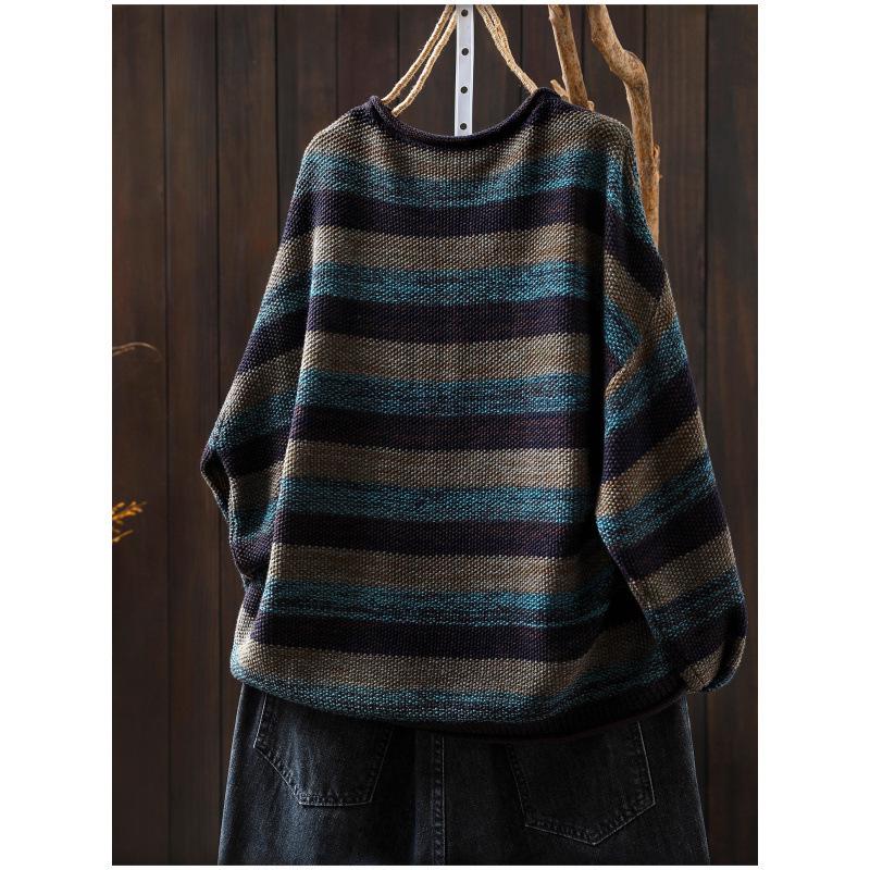 2025 Autumn Women's Striped Color Block Cotton Sweater - Loose Knit Versatile Pullover Base Layer