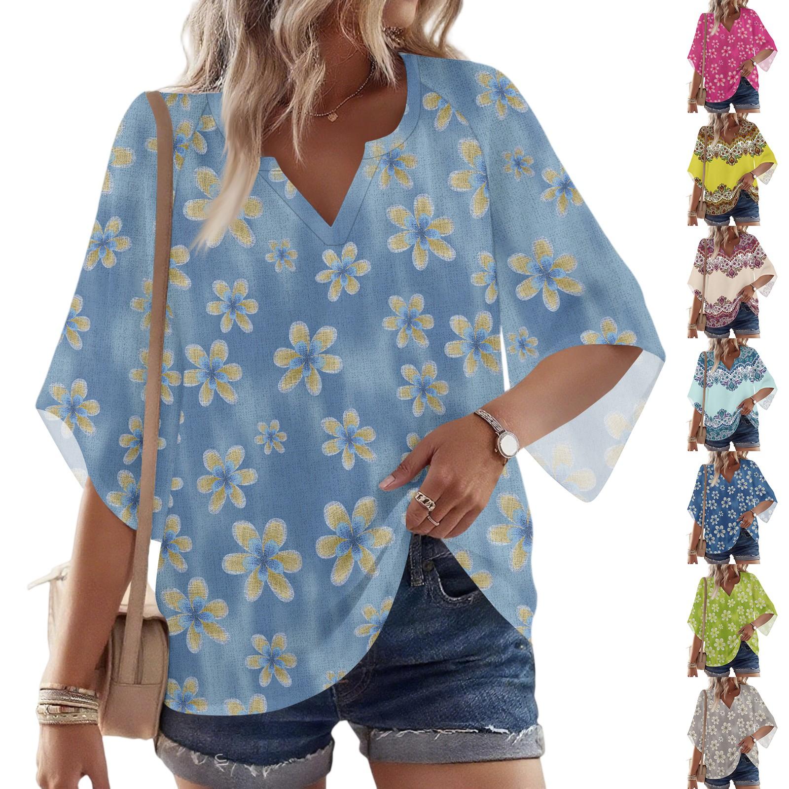 

Women s 3/4 Sleeve V Floral Shirt Casual Loose Tunic Top L бежевий