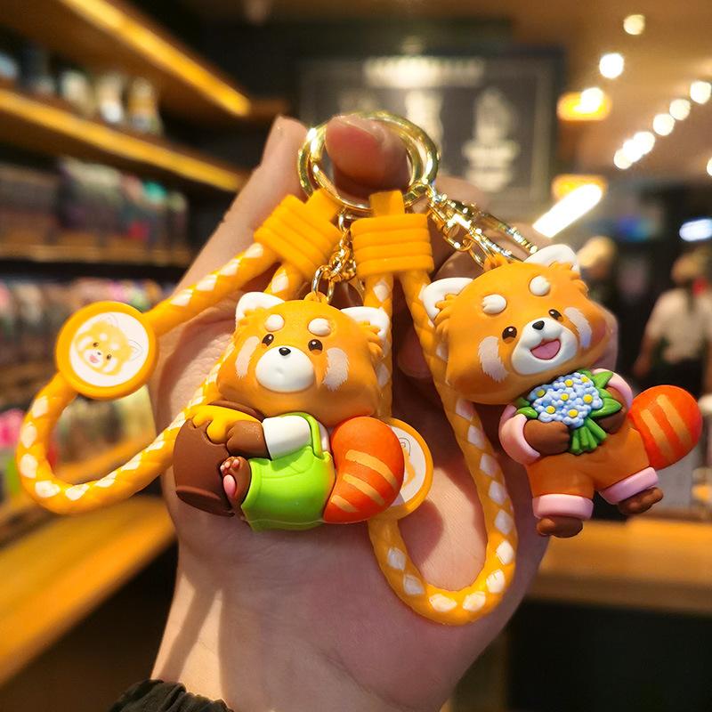 New Cute Anime Red Panda Keychain Bag Charm Car Key Chain Llavero Women Men Doll Keyring Couple Matching Ailurus Fulgens