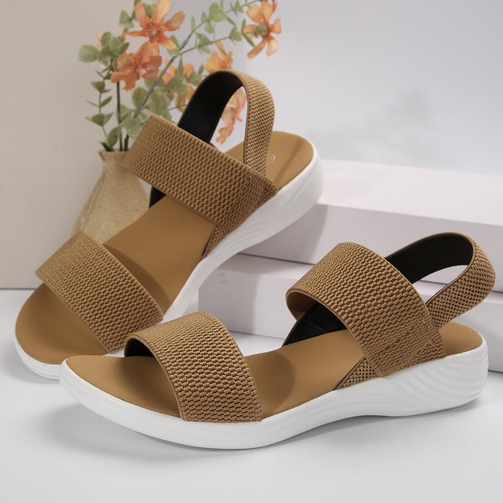 Large size sandals women's 2025 summer flat bottom slope heel thick bottom fish mouth elastic word with Roman sandals