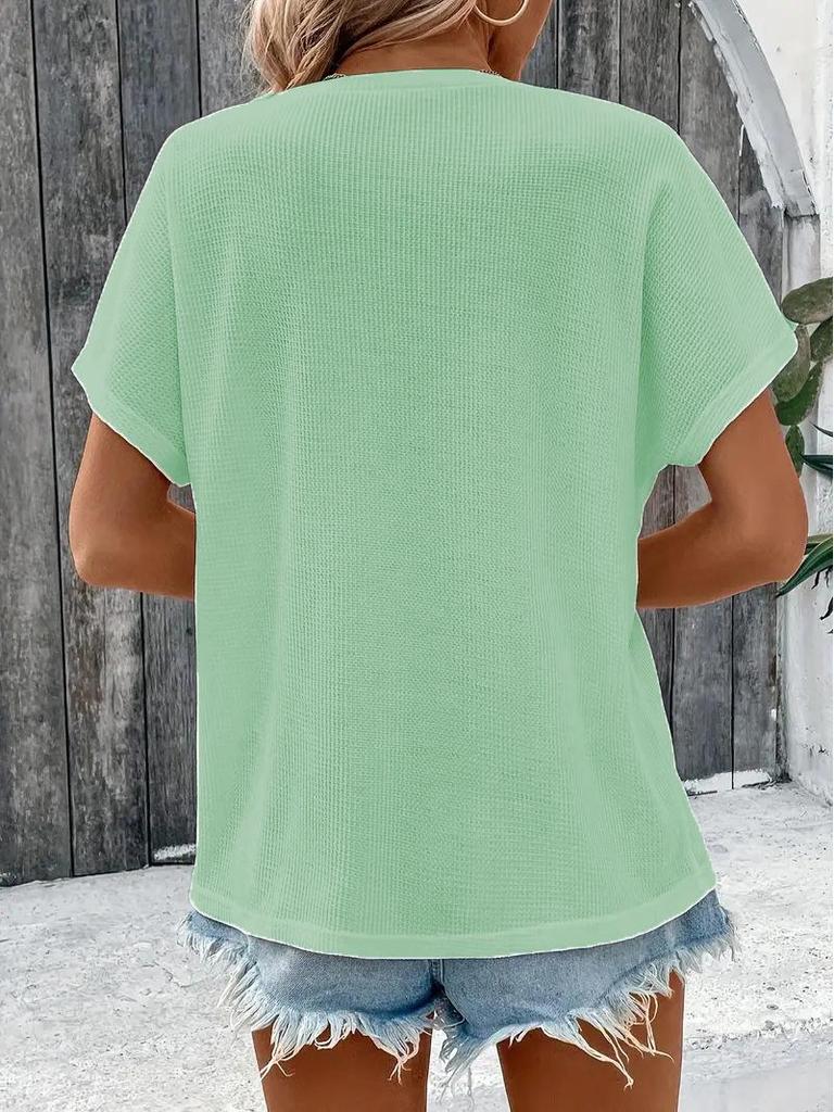 Frühling/Sommer 2025 Damen Plus Size Knopf Kurzarm T-Shirt - Europäischer/Amerikanischer Stil, Einfarbige Mode