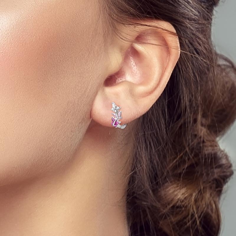 Luxury 925 Silver Pink Bowknot Stud Earrings Diamond Flower Heart Hoop Earrings for Women Sweet Fine Jewelry Gift