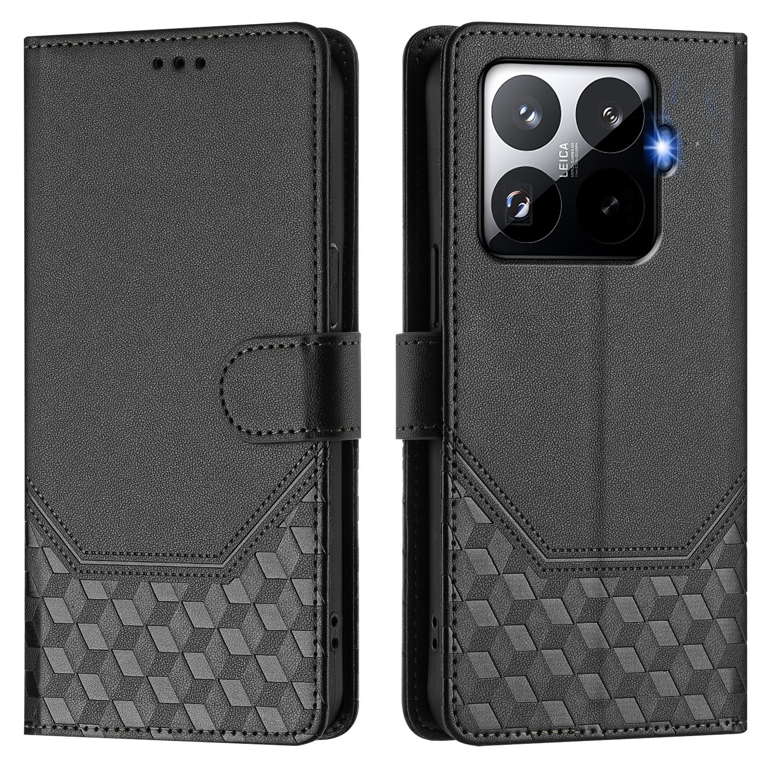 

For Xiaomi 15T Pro Case Imprinted Honeycomb RFID Blocking Leather Phone Cover with Strap Black