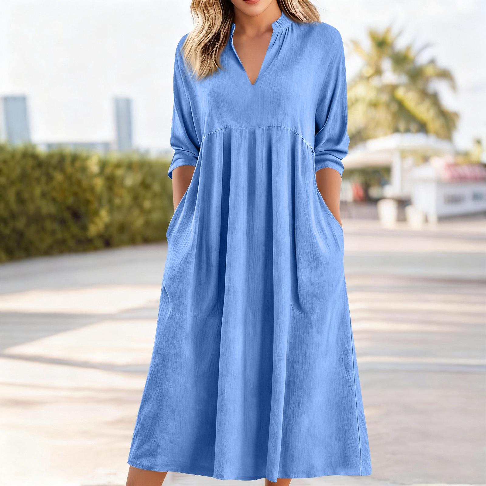 

Женское модное цветное повседневное свободное ретро платье с V-образным вырезом, карманами, длинным рукавом, из хлопка и льна L синий