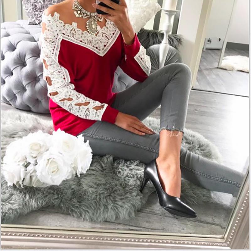 

Сшивание Сексуальное Кружево Открытое Плечо Крючком Блузка Полый Длинный Рукав Рубашка Tag XL=US M красный