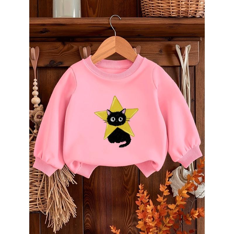 Kids Sweatshirt Star Black Cat Print Cute Spring/Autumn Long Sleeve Round Neck Sweatshirt