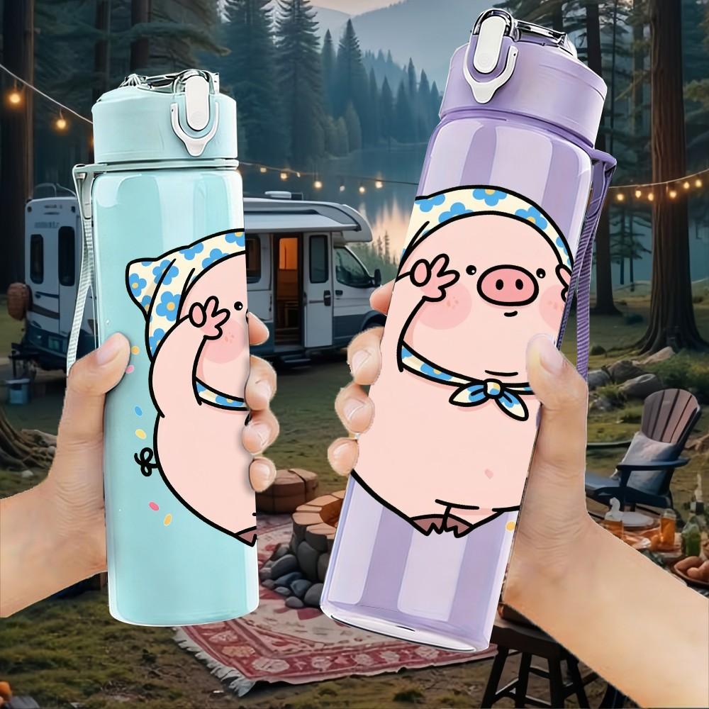 1PC Cute Pig With Blue Bow Print 750ml Color Plastic Sports Water Bottle Leakproof Flip Straw Lid Suitable for Sports Office Home Use