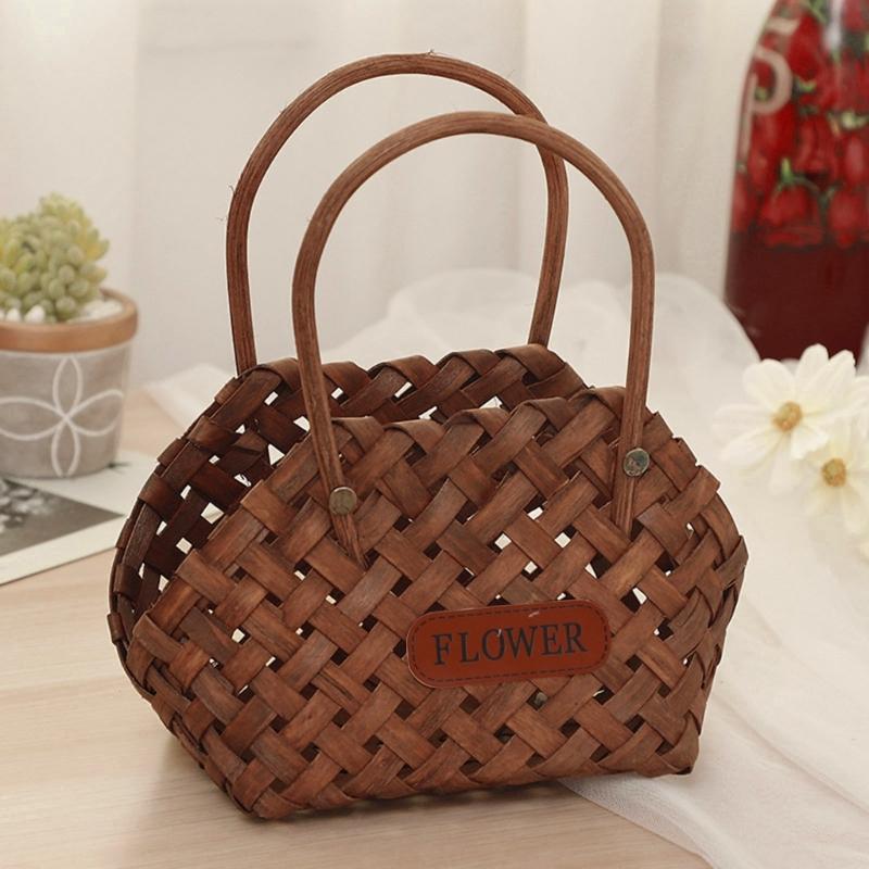 Hand-Woven Wood Flower Basket for Teacher's Day and Mother Day Online Celebrity Posing Props Portable Gift Basket