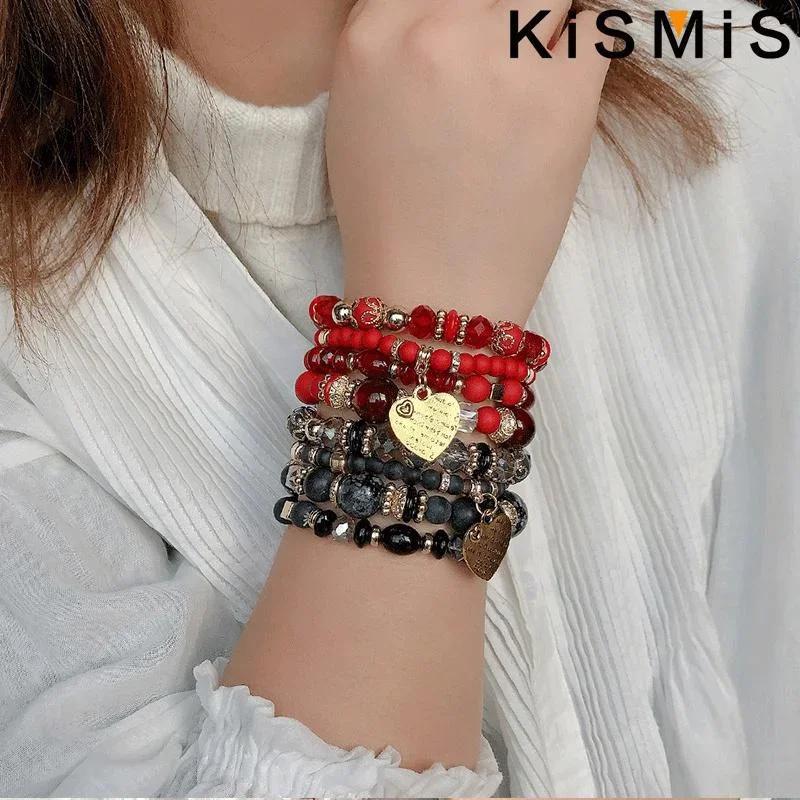 Boho Crystal Bead Bracelets for Women Elastic Heart Letter Bangles Wristband Yoga Jewelry Gift Set 4Pcs