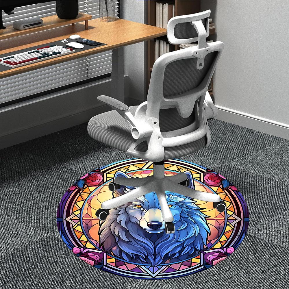 

1PC Wolf StainedGlass Office Round Area Rug, Indoor Mat Suitable ForOffice, Under Office Chairs Bedroom Living Room Home Decor, Room Deco, D012 80cm by 80cm