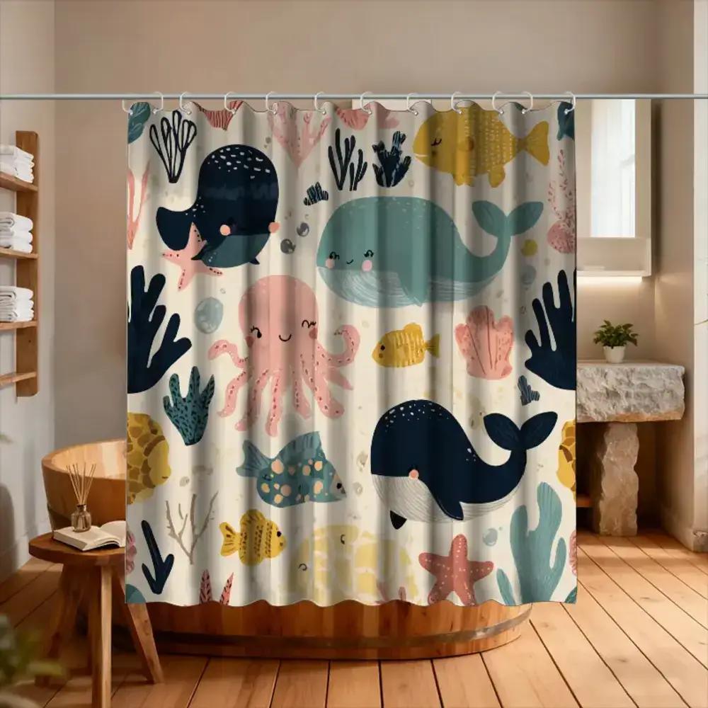

A Bathroom Shower Curtain Featuring Ocean Life Exploration, Ocean Festival Design, Includes 12 Hooks, Measuring 70.87*70.87Inch W60H190(CM)-1 Pcs