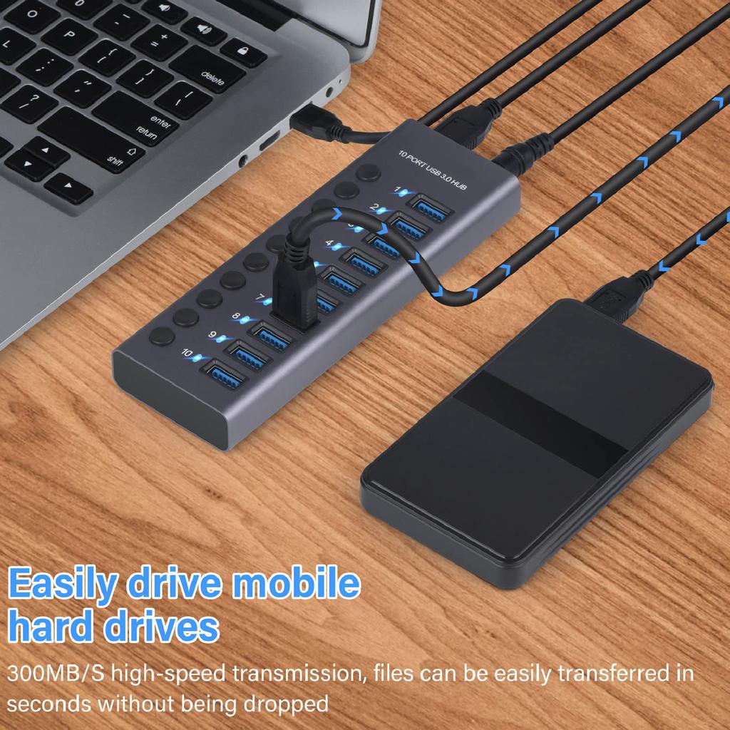 60W USB Hub with Independent Power Switch and Aluminum Housing USB Docking 60W Power Adapter 10-port 3.0 LED, 3.0 Station, 12V/5A (100-240V) (US Plug)