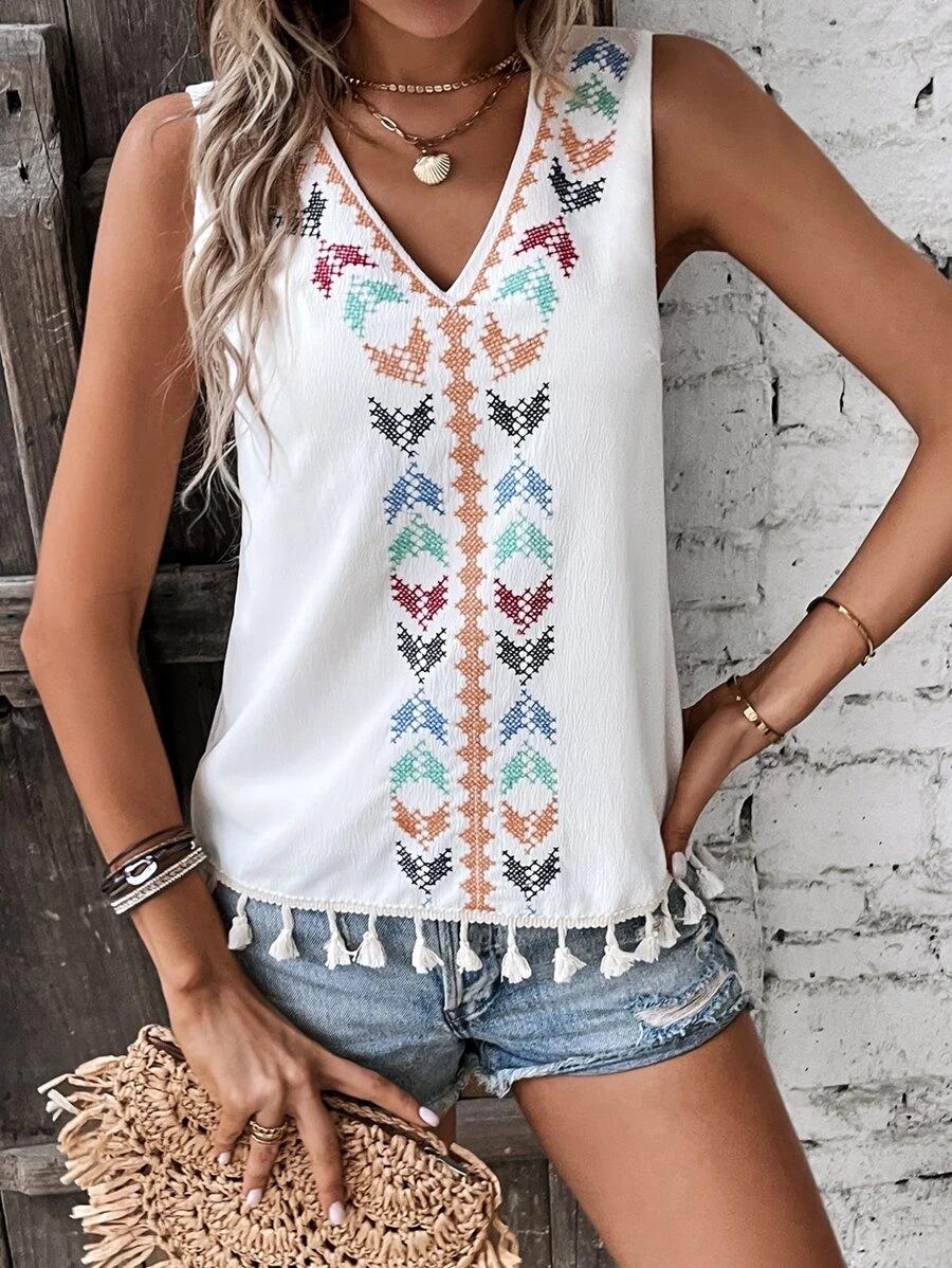 Women European American Ethnic Style V Neck Embroidered Frayed Hem Sleeveless Vest Top S белый