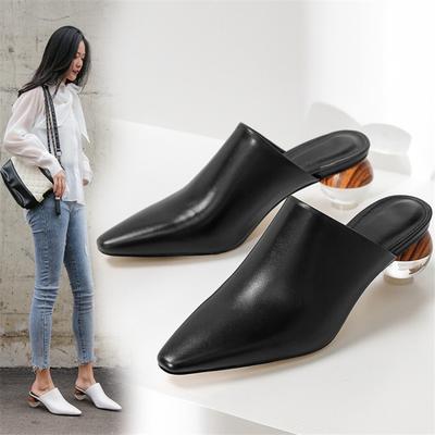 Fashion NEW Summer Women Mules Cowhide Shoes for Women Cover Toe Chunky Heel Slippers Square Toe High Heels Crystal Heel Women Sandals
