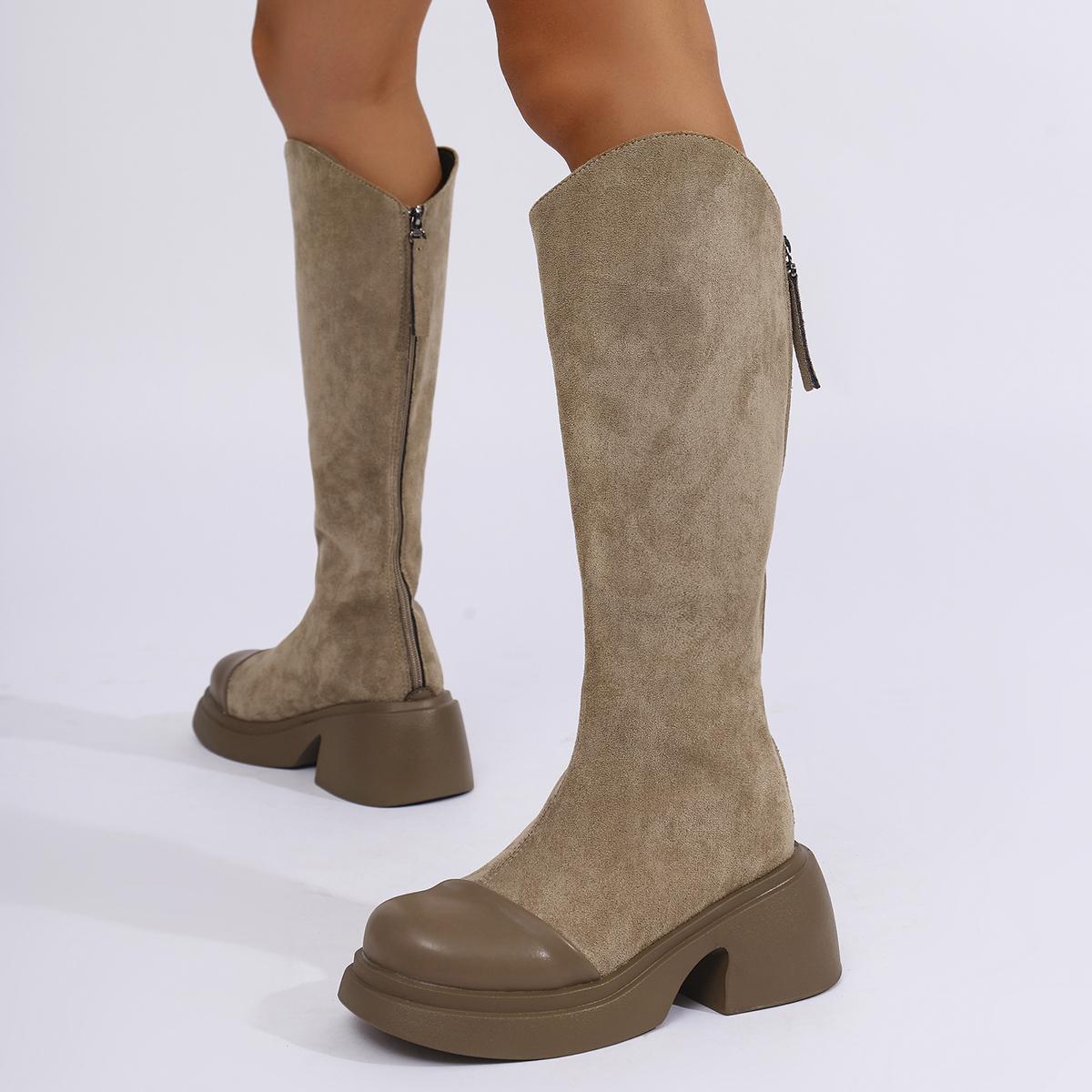 

модные сапоги до колена на толстой подошве для женщин, осенняя мода, женские длинные сапоги на толстом каблуке, флок, пэчворк, платформа, Botas De Mujer 2024 40