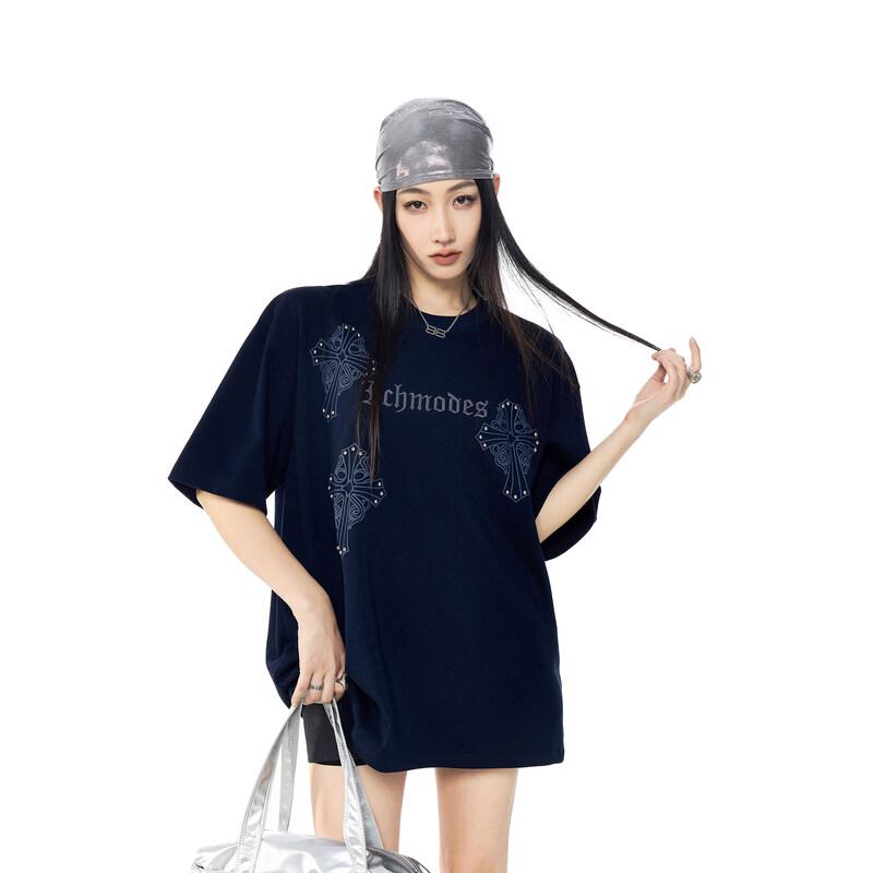 Женская американская ретро футболка с заклепками с коротким рукавом ICH MODE S