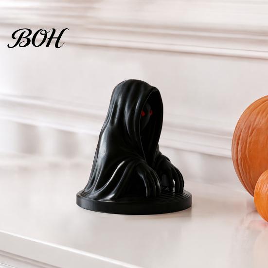 Matte Black Collectibles Halloween Cloaked Ghost Figurine with Red Eyes, 3D Printed Spooky Desk Ornaments Gothic Ornament for Cabinet Escape