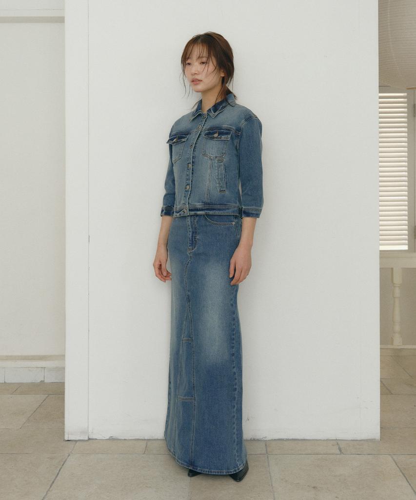 Loutaideu Washed Maxi Denim Skirt [Blue]
