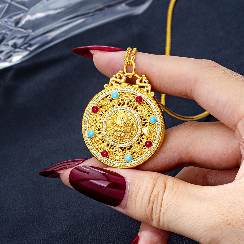 Ethnic Style Drip Oil Eight Treasures Compass Necklace with Sand Gold God of Wealth Pendant