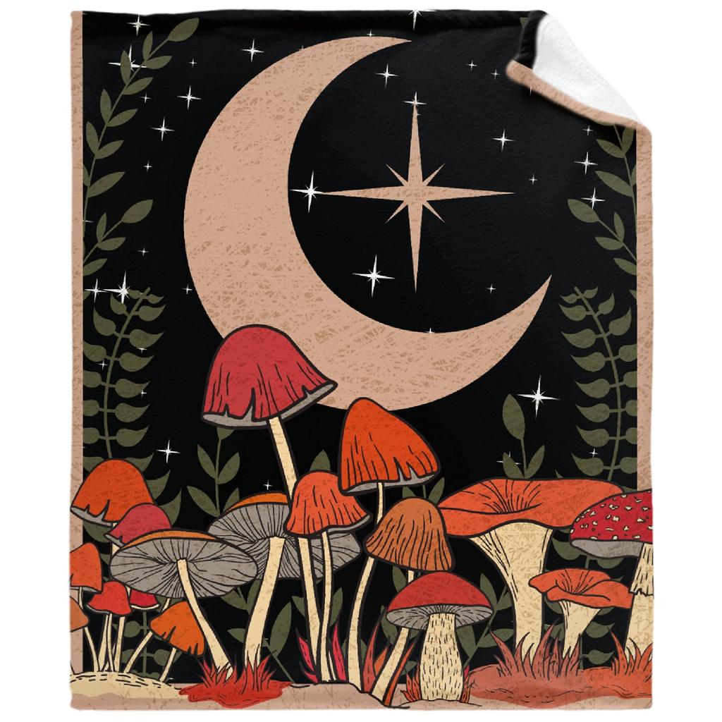 Mushroom Hippie Teppe Moth Gothic Witchy Flanell Teppe for All Season Sun Moon Fuzzy Soft Sofa Kontor Teppe