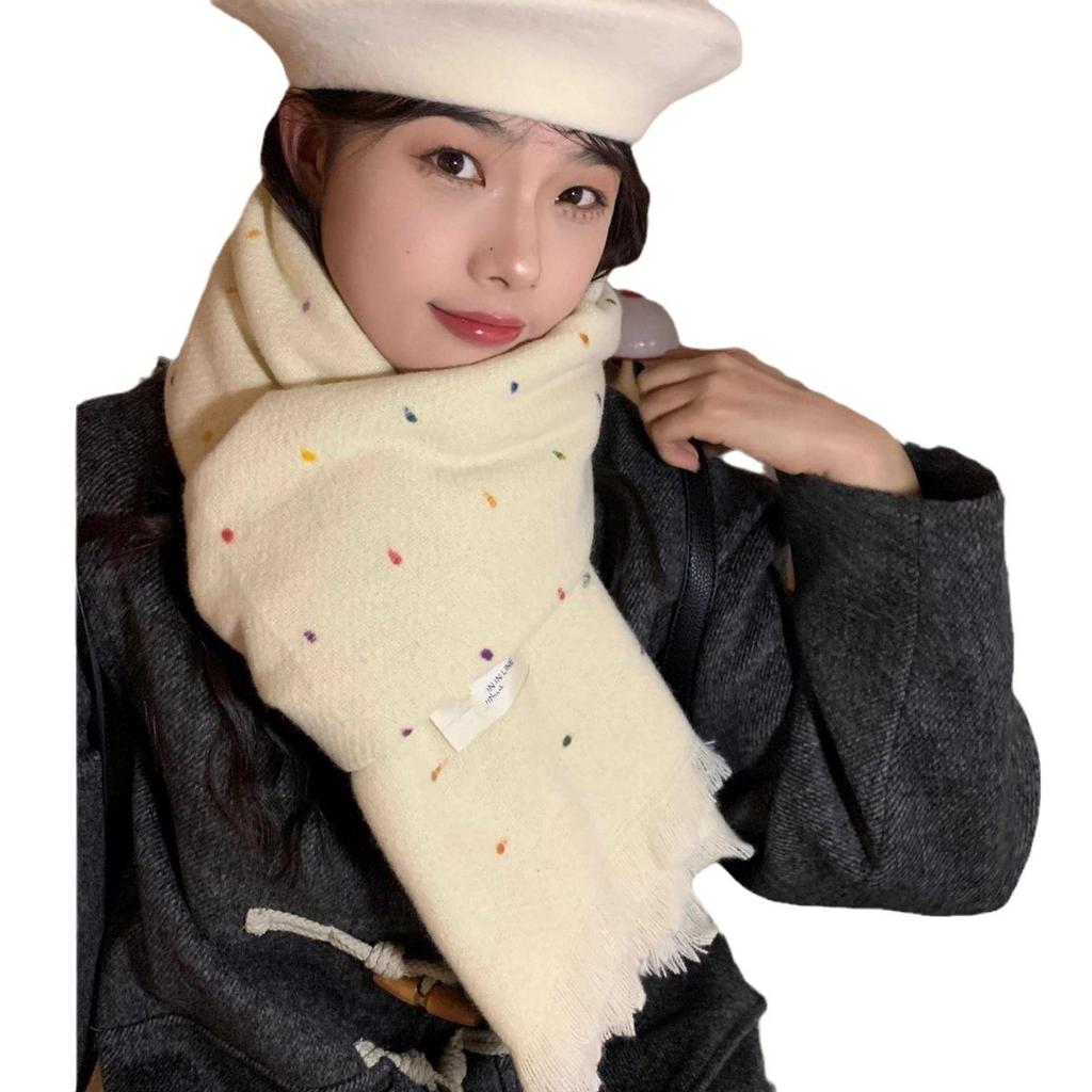 Starry White Scarf for Women in Autumn and Winter New Polka Dot Tassel Korean Style Shawl Dual Purpose High End Scarf