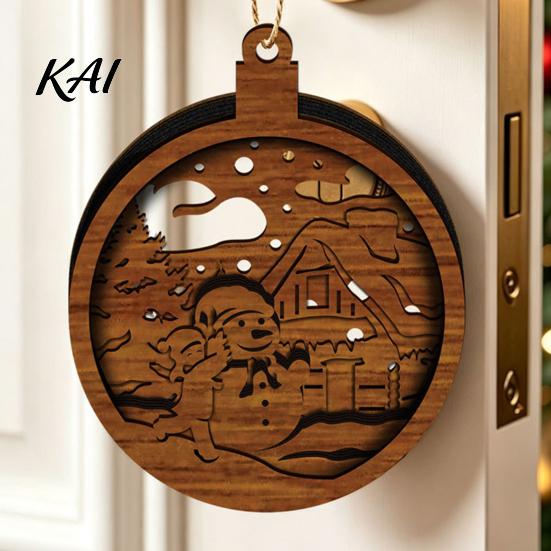 Natural Log Craft Gifts 3D Wooden Light Up Christmas Ornament, Layered House Tree Snowman Wood Engraving Decor Nativity Scene Hanging Decoration