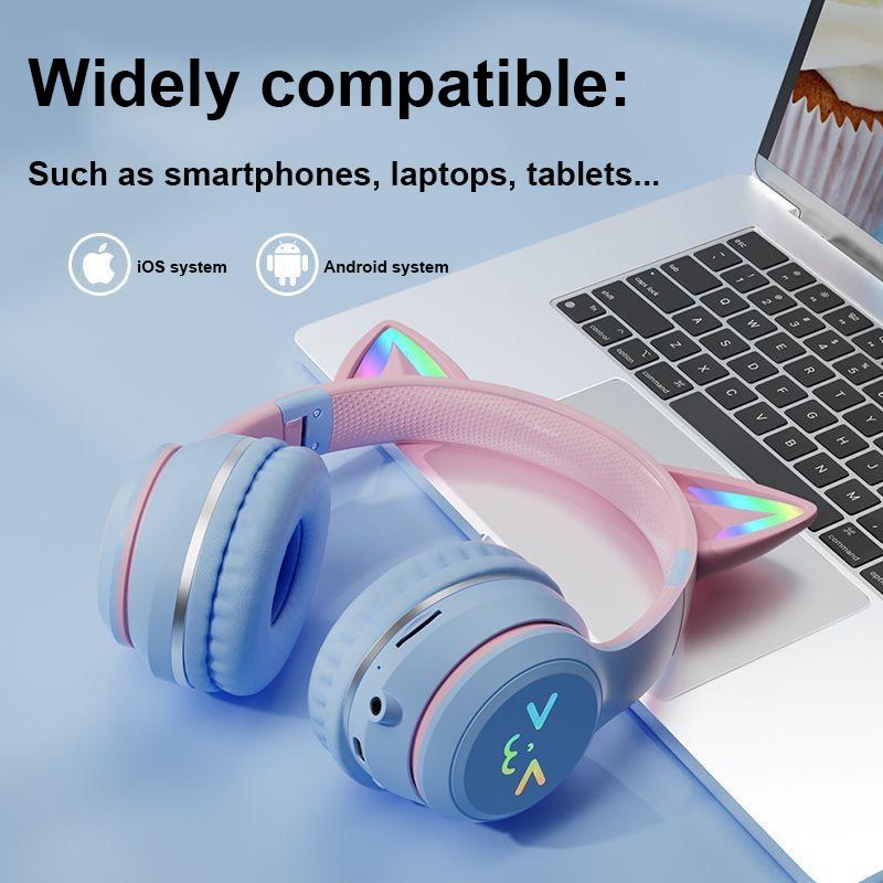 LED Flash Light Bluetooth Headphones Cute Cat Ears Wireless Earphone with Mic Kids Girls Stereo Cool RGB Headsets Bluetooth 5.1