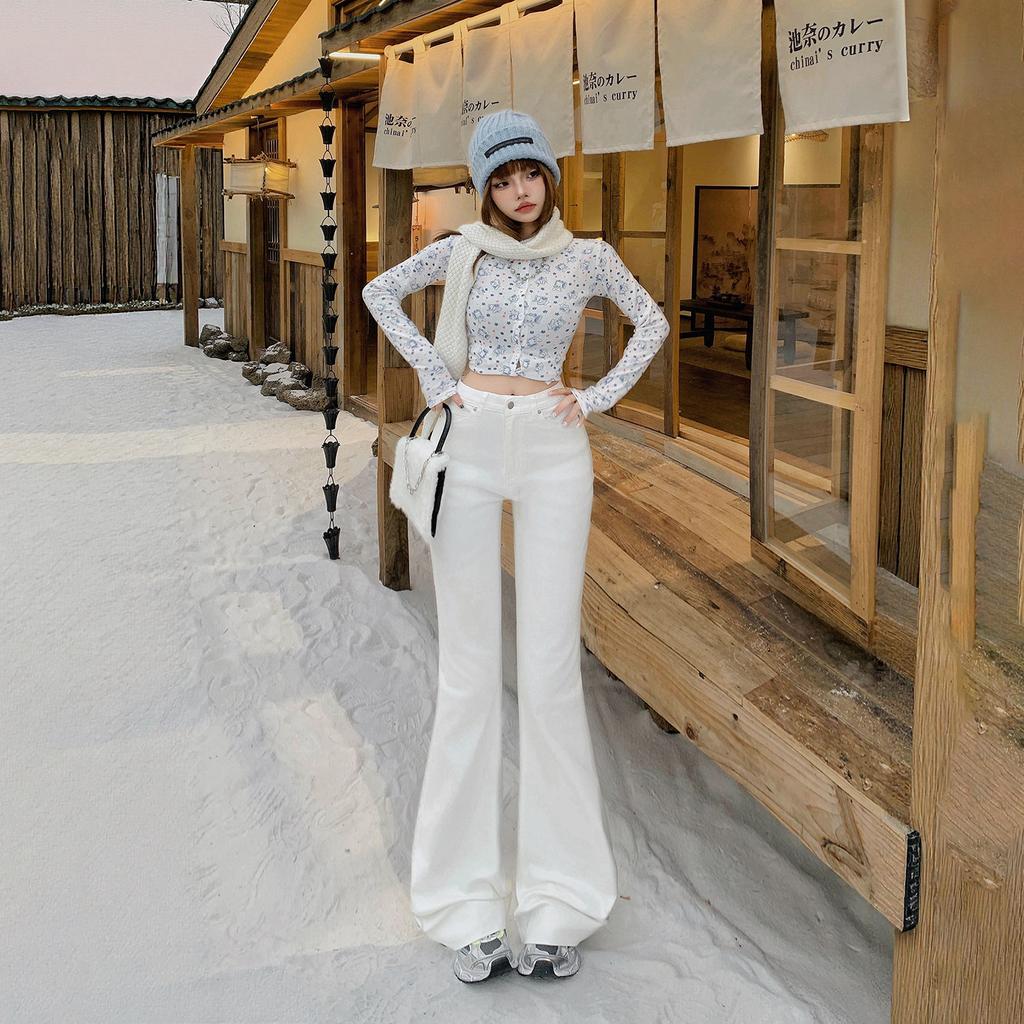 American Spice Girl retro white slim-fitting flared pants slim elastic versatile drape autumn and winter jeans women