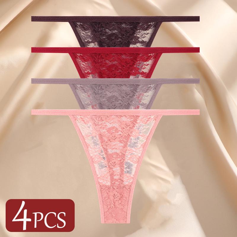 4Pcs/Set Sexy Lace Panties Women Elastic Hollow Out Transparent G-string Thong Female Lace Underpants Perspective Sexy Intimates
