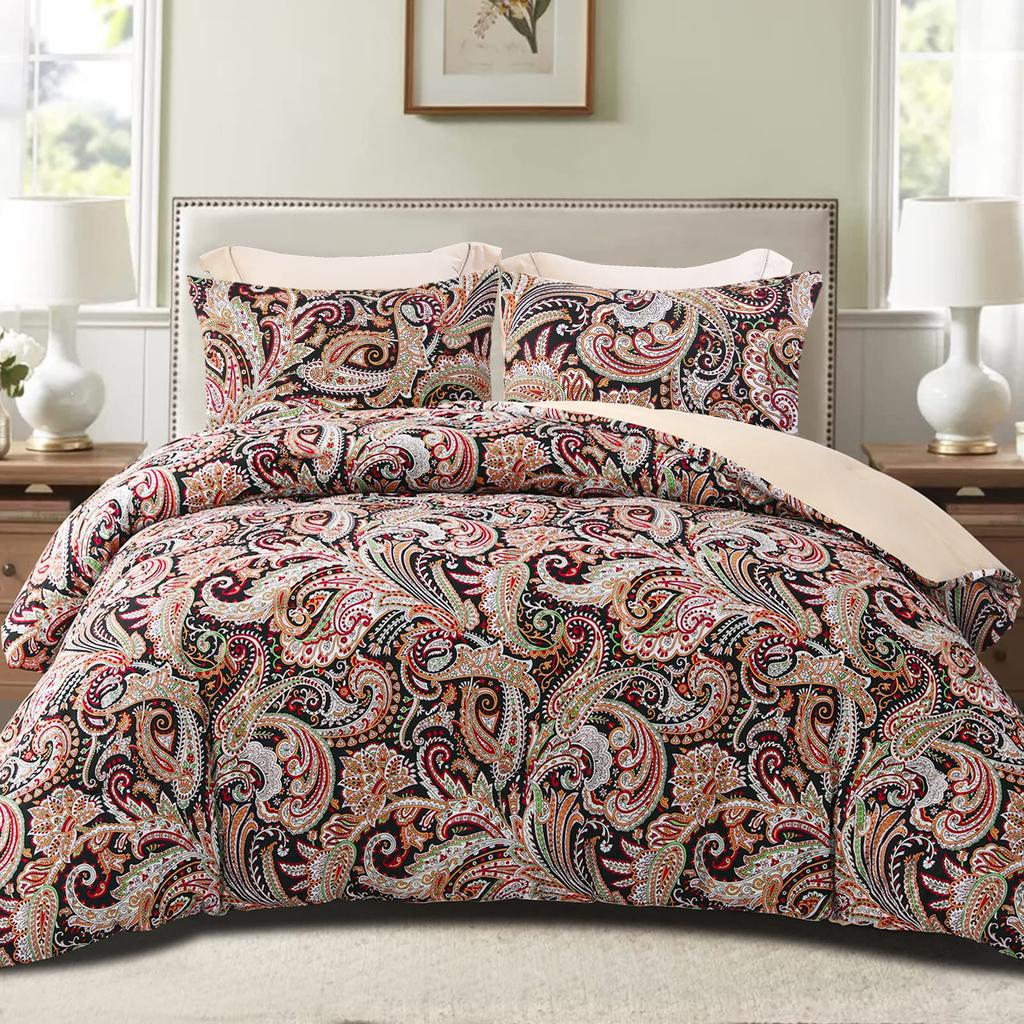 Paisley Comforter Set Queen Size,3 Piece Quilt Cover Boho Bedding Set Soft All Season 1 Comforter Cover 2 Pillow Shams Full Size