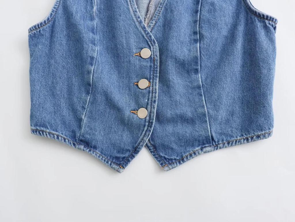 Women's European & American Short Denim Vest + Double Lapel Midi Skirt Set